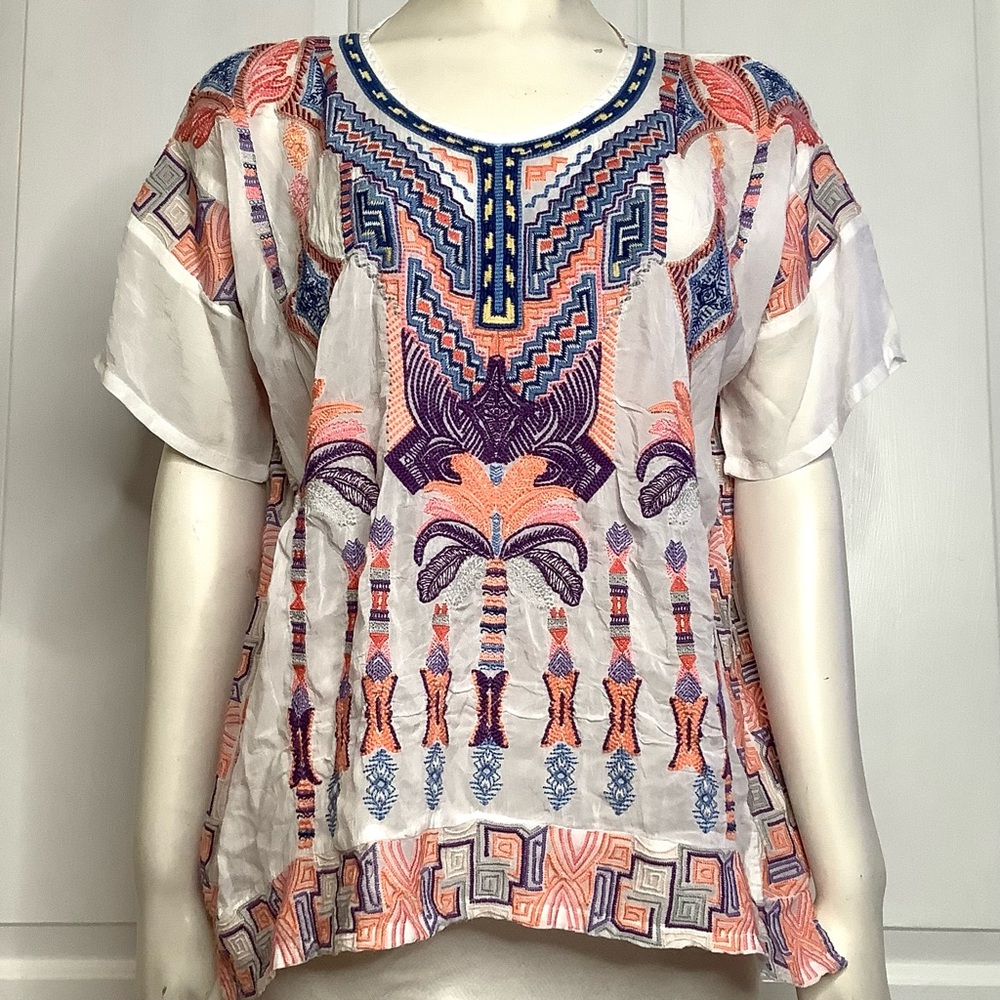 Johnny Was Ivory Boho Extensive Embroidery Peasant Top Multicolor Short Sleeve
